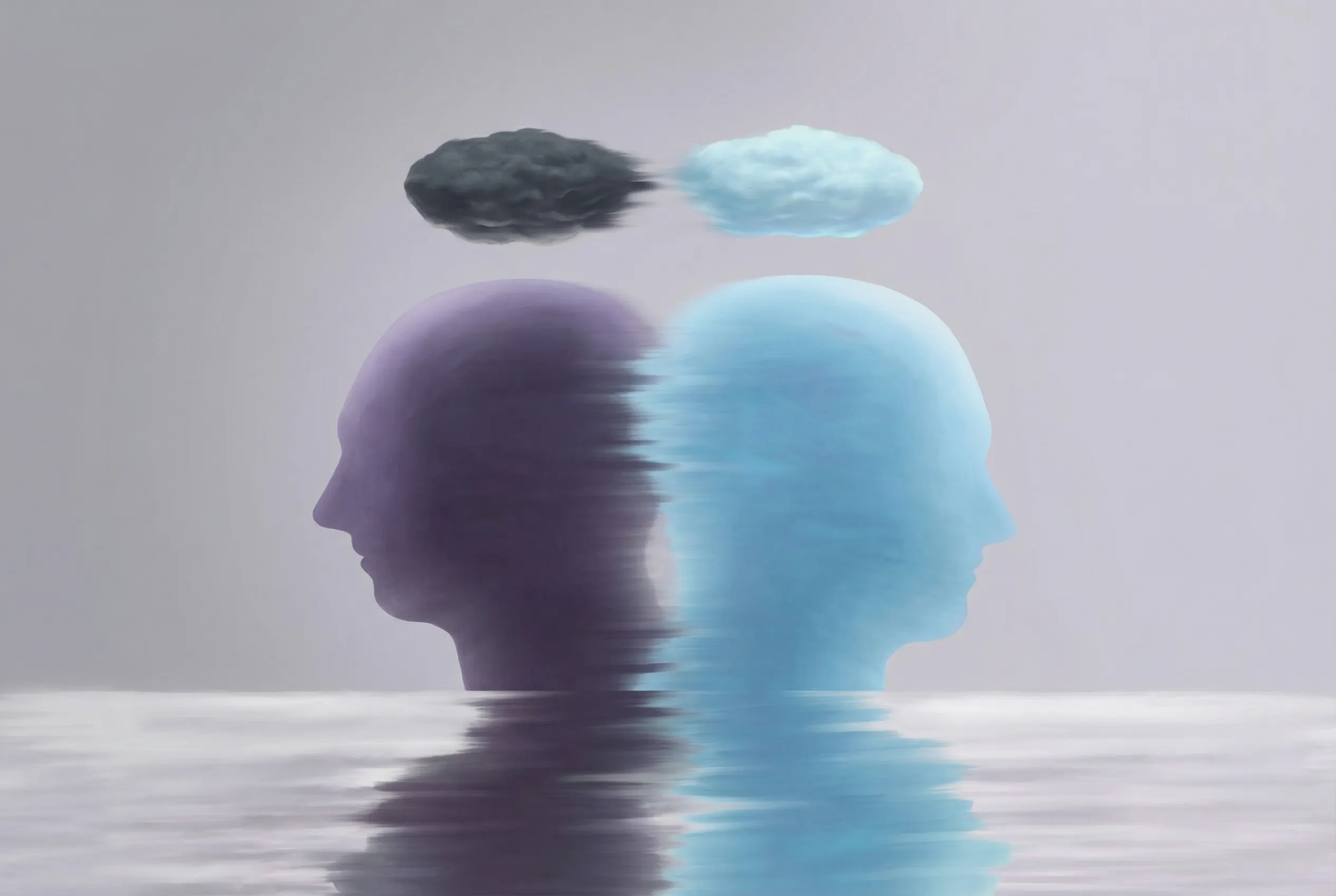 Two silhouette heads with contrasting clouds